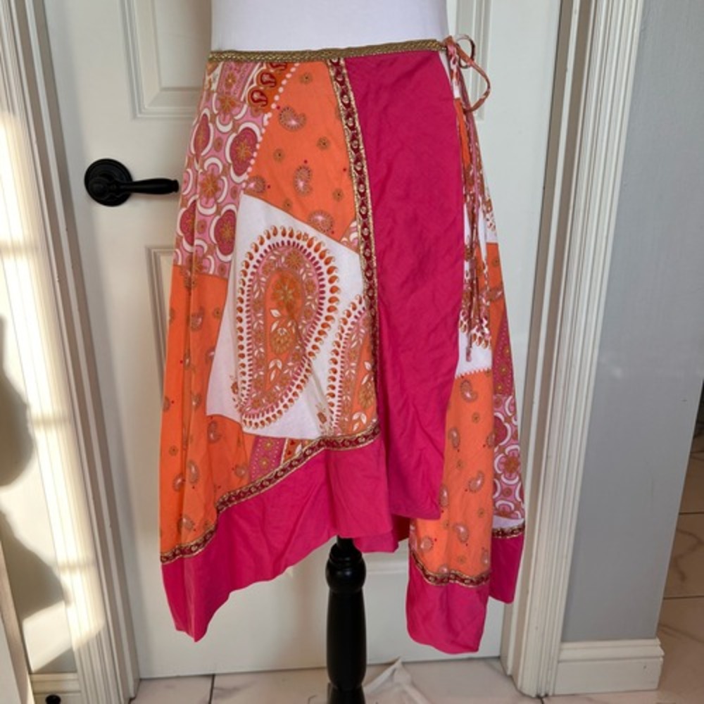 Boho Patchwork Wrap Skirt‎ Orange Pink Paisley Hippie Festival Style
